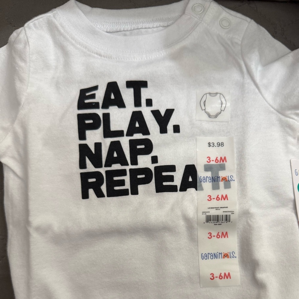Garanimals Long Sleeve White and Black Tee Eat Play Nap Repeat